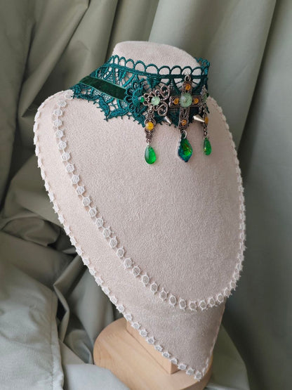 Handmade teal and gold medieval cross choker necklace detail