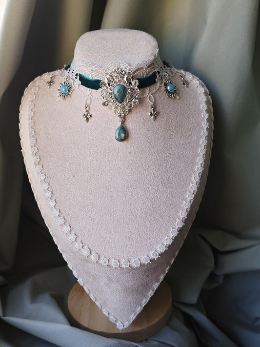 Aqua Regalia handmade turquoise and white fantasy lace choker with ornate silver centerpiece
