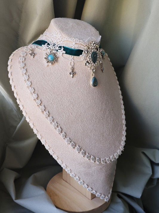 Side view of Aqua Regalia turquoise velvet and white lace fantasy choker