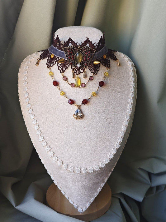 Twilight Metamorphosis handmade burgundy butterfly lace choker with layered gemstone chains