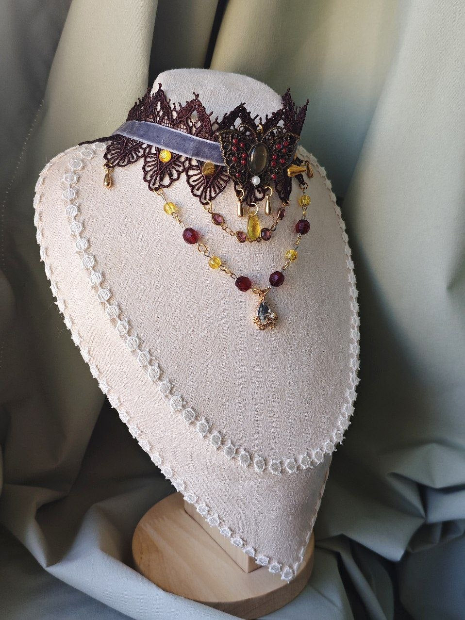 Side view of burgundy lace and gray velvet Twilight Metamorphosis choker