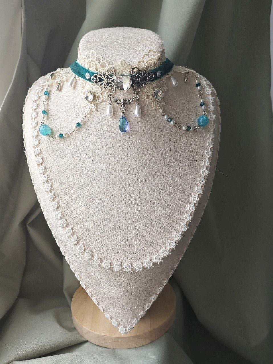 Wings of the Silver Tide handmade turquoise and white fantasy wing choker